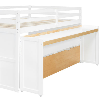 Full XL Loft Bed with Pull-Out Desk and Twin Trundle, Multi-Functional Bunk Bed with 2 Storage Drawers and Storage Steps, Space-Saving Gaming & Workstation Bedframe, White+Wood Color image 9