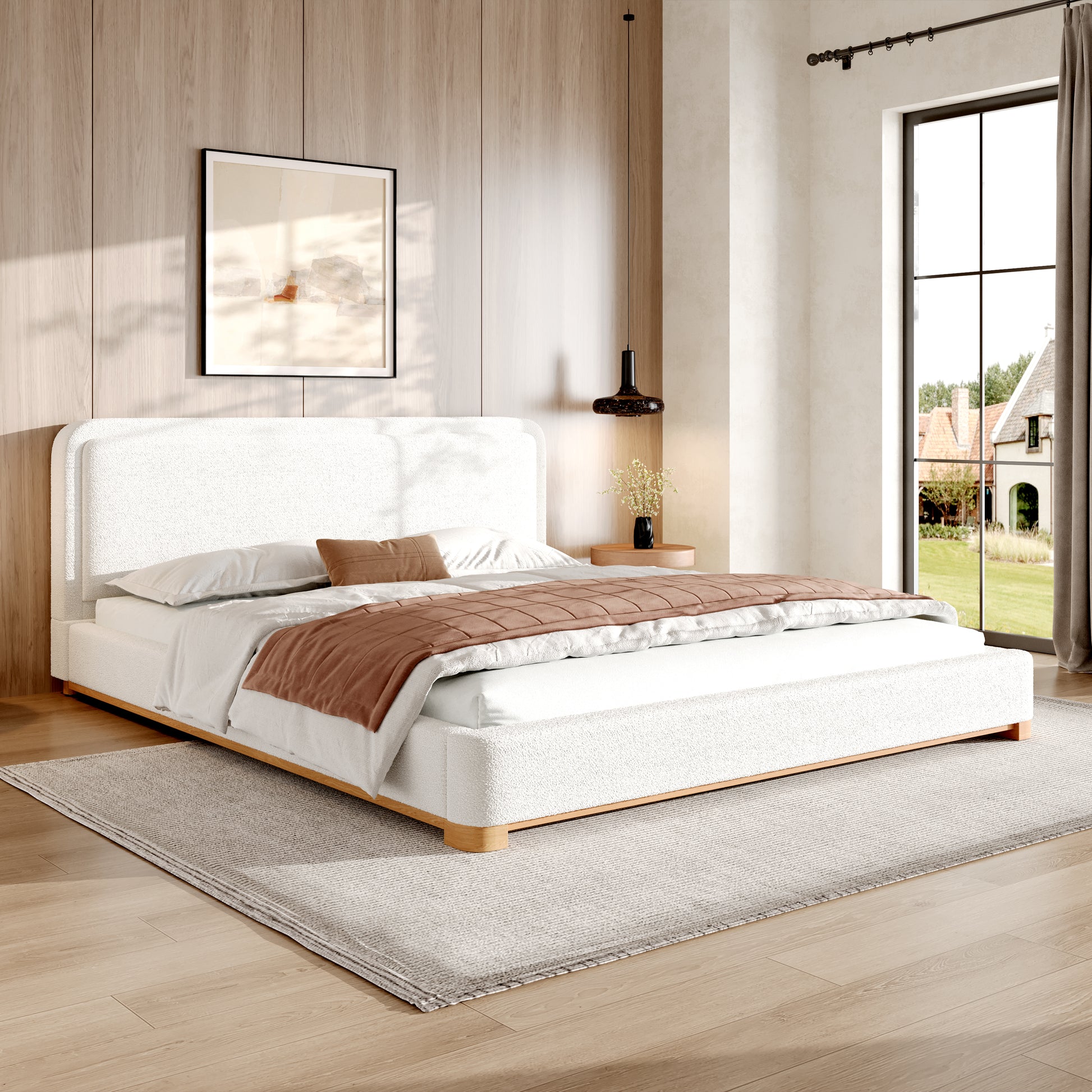 King Size Bed Frame With Boucle Upholstered Curved Headboard, Solid Wood Base And Legs, White image 1