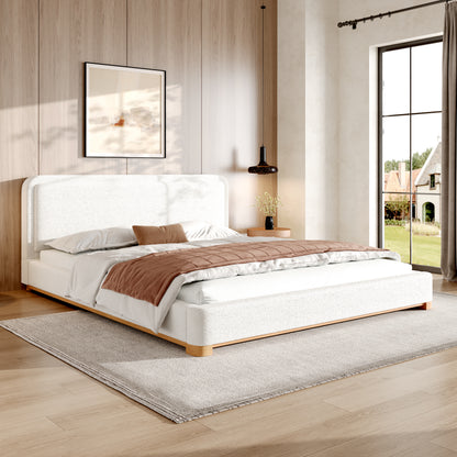 King Size Bed Frame With Boucle Upholstered Curved Headboard, Solid Wood Base And Legs, White image 1
