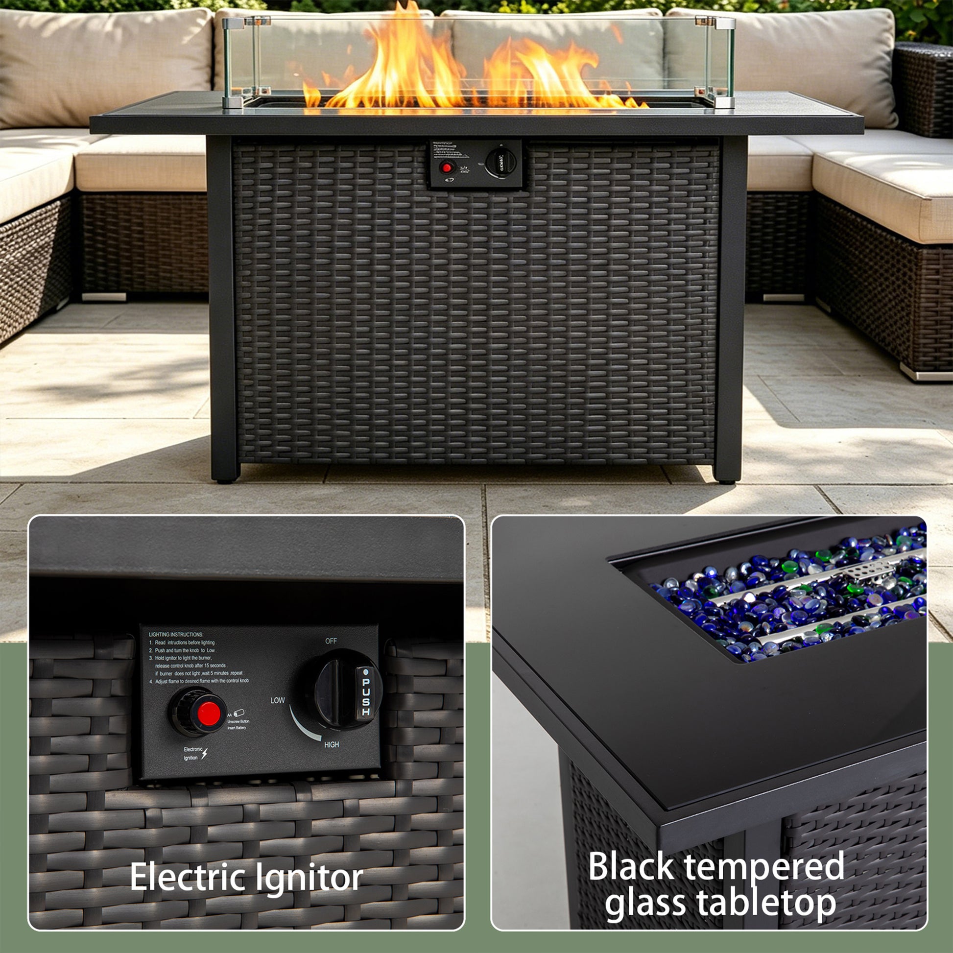 44 Inch 50000 BTU Propane Fire Pit Table, 2-in-1 Rectangular Fire Pit Outdoor Patio Heater Table with Glass Wind Guard for Backyard Garden Gathering image 5