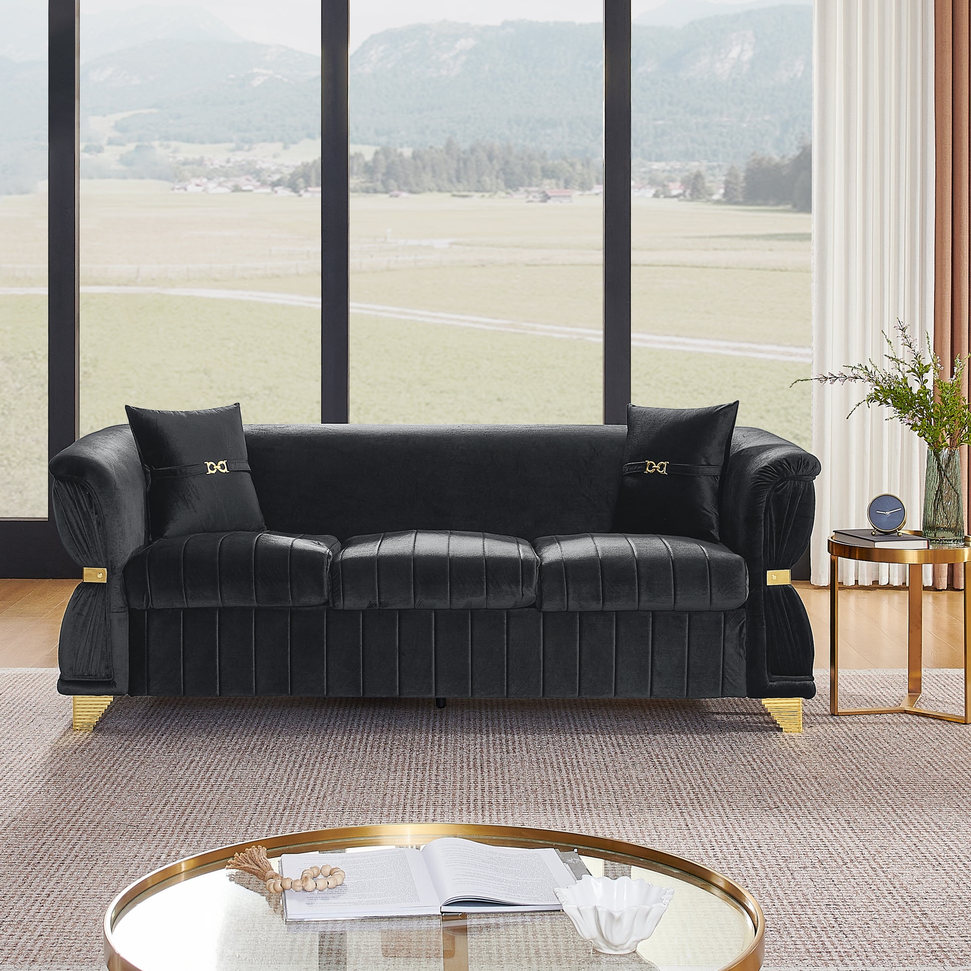83.5"Modern Velvet 3-Seater Sofa with 2 Pillows, Upholstered Accent Couch with Gold Metal Trim, Tapered Gold-Tone Legs & Curved Armrests for Living Room, Bedroom & Apartment, Black image 3