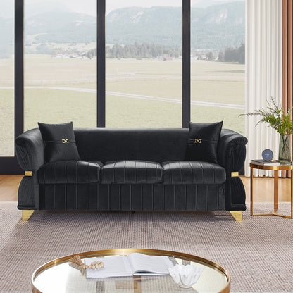 83.5"Modern Velvet 3-Seater Sofa with 2 Pillows, Upholstered Accent Couch with Gold Metal Trim, Tapered Gold-Tone Legs & Curved Armrests for Living Room, Bedroom & Apartment, Black image 3