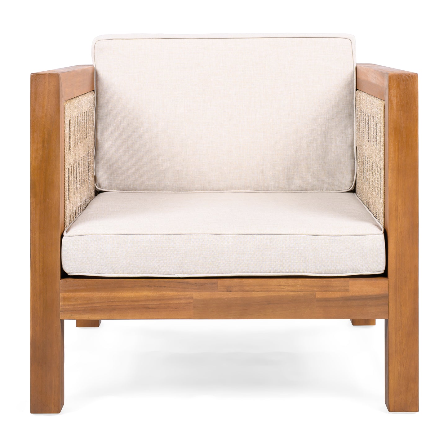 Acacia Wood Outdoor Club Chair with Beige Rope Arm and Beige Cushions,400 lbs Capacity image 11