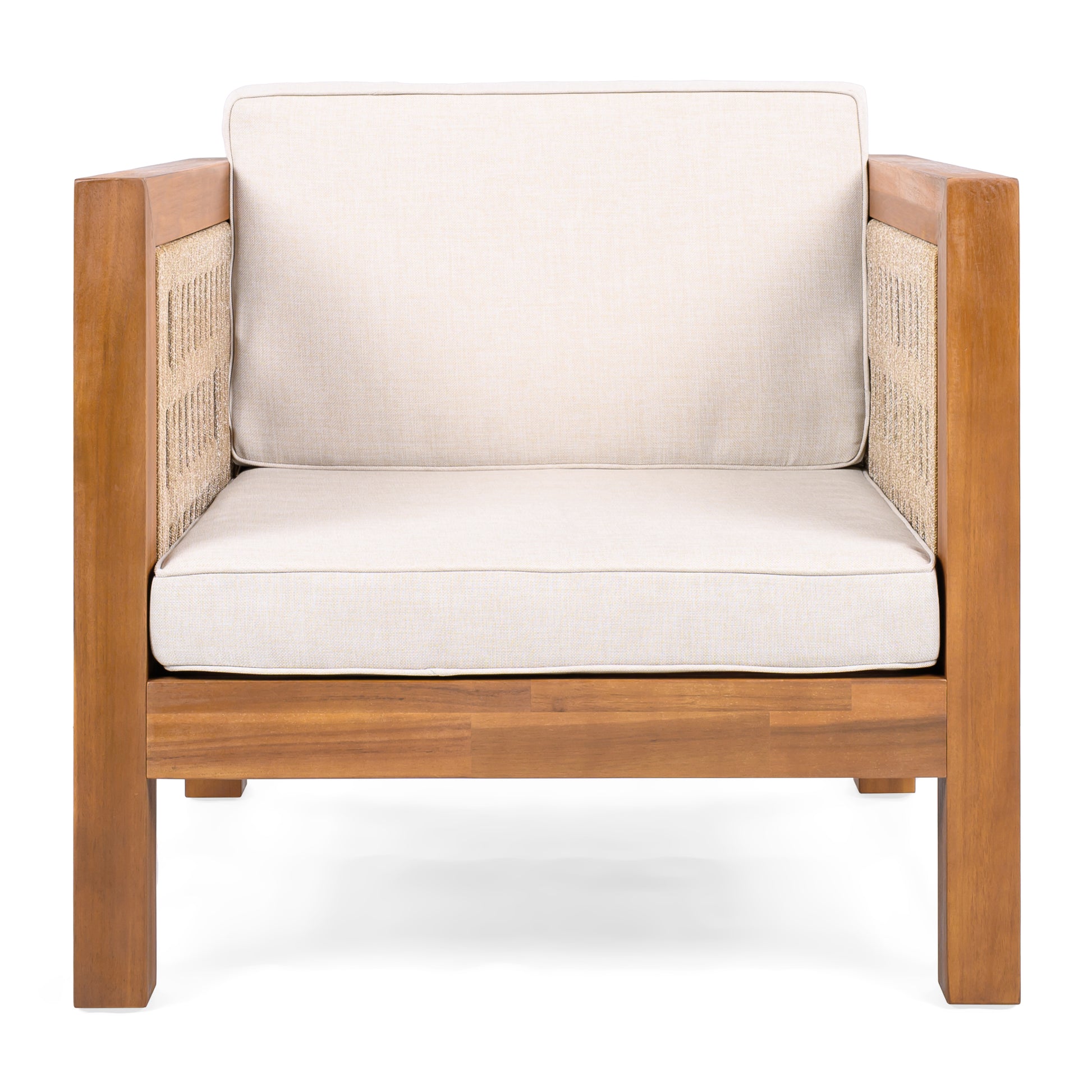 Acacia Wood Outdoor Club Chair with Beige Rope Arm and Beige Cushions,400 lbs Capacity image 11