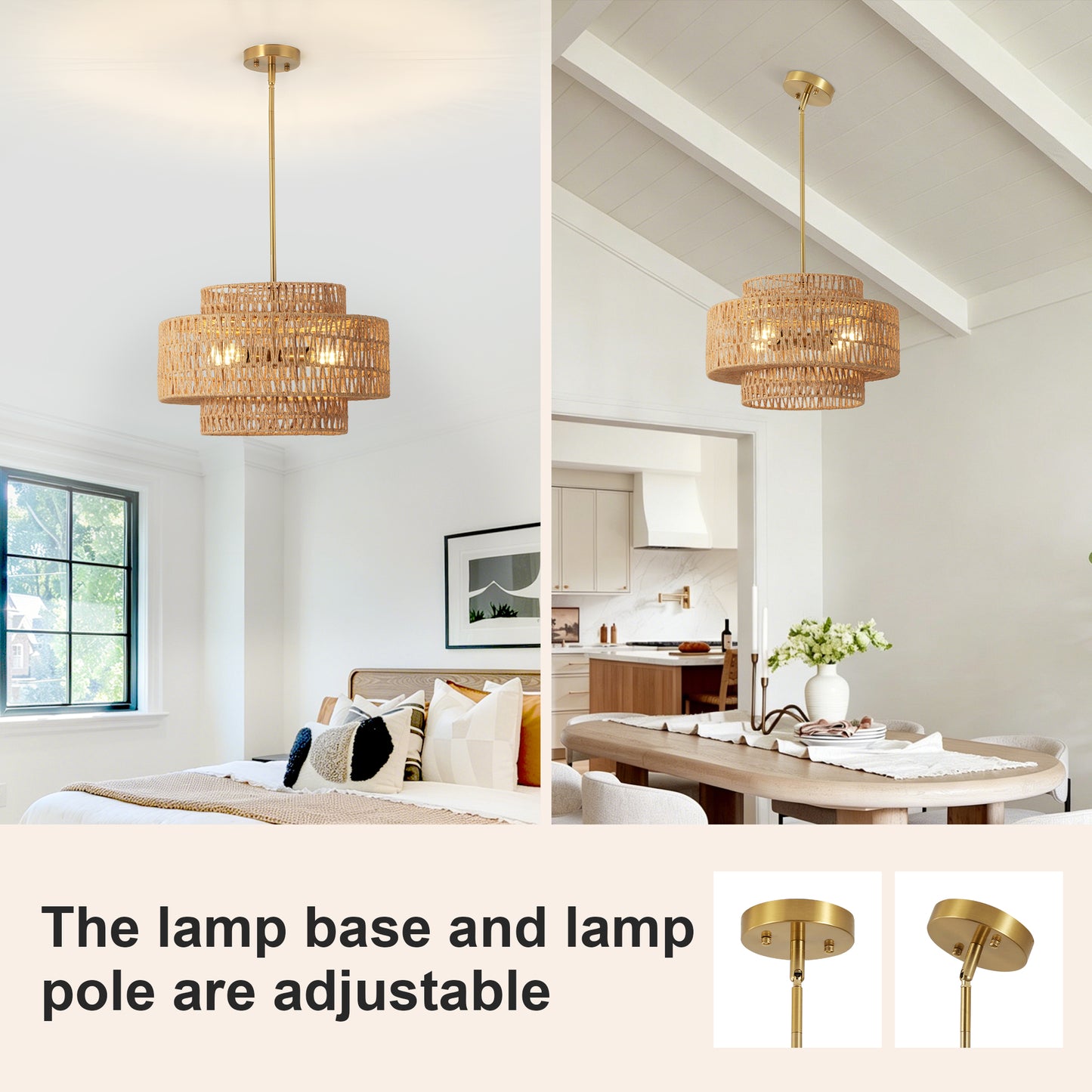 17.7" Boho Rattan Chandelier for Dining Room Light Fixture, 5-Light Hand Woven Wicker Pendant Light Fixture, Farmhouse Rustic Hanging Chandelier for Dining Room, Kitchen Island, Living, Bedroom image 4