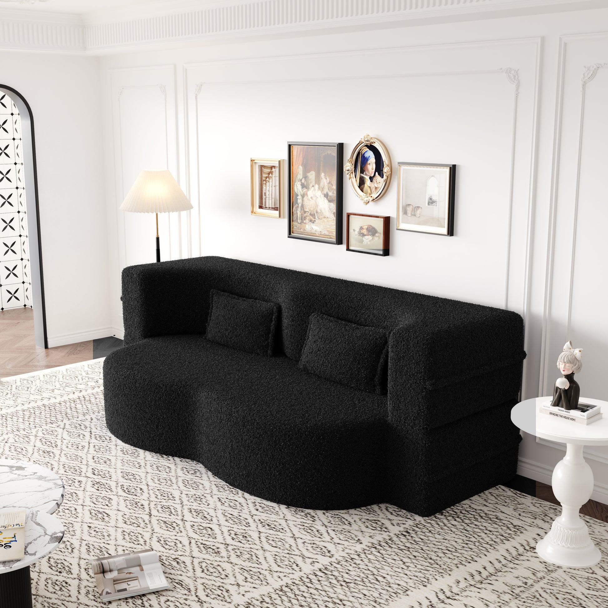 Modern Floor Sofa with 2 Pillows,Convertible Sherpa Fleece Fabric Foam-Filled Sleeper Sofa Bed,15" Full Size Folding Mattress for Living Room,Guest Bed,no assembly required,Black(SameW1885P2722) image 5