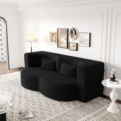Modern Floor Sofa with 2 Pillows,Convertible Sherpa Fleece Fabric Foam-Filled Sleeper Sofa Bed,15" Full Size Folding Mattress for Living Room,Guest Bed,no assembly required,Black(SameW1885P2722) image 5