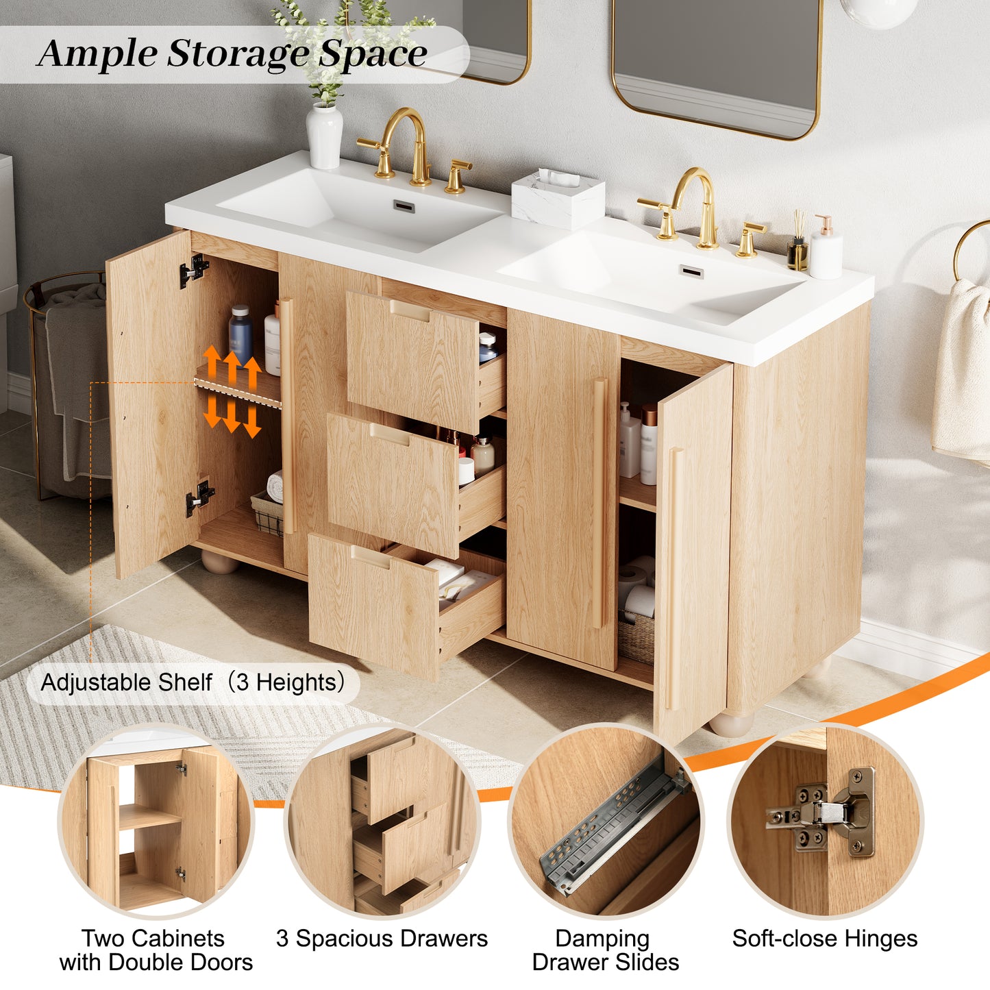 [Cabinet Only] 58.3" Bathroom Vanity Cabinet Only Without Vanity Top, 3 Drawers & 4 Doors, All Soft-Close, Adjustable Shelf, Wood Color image 7