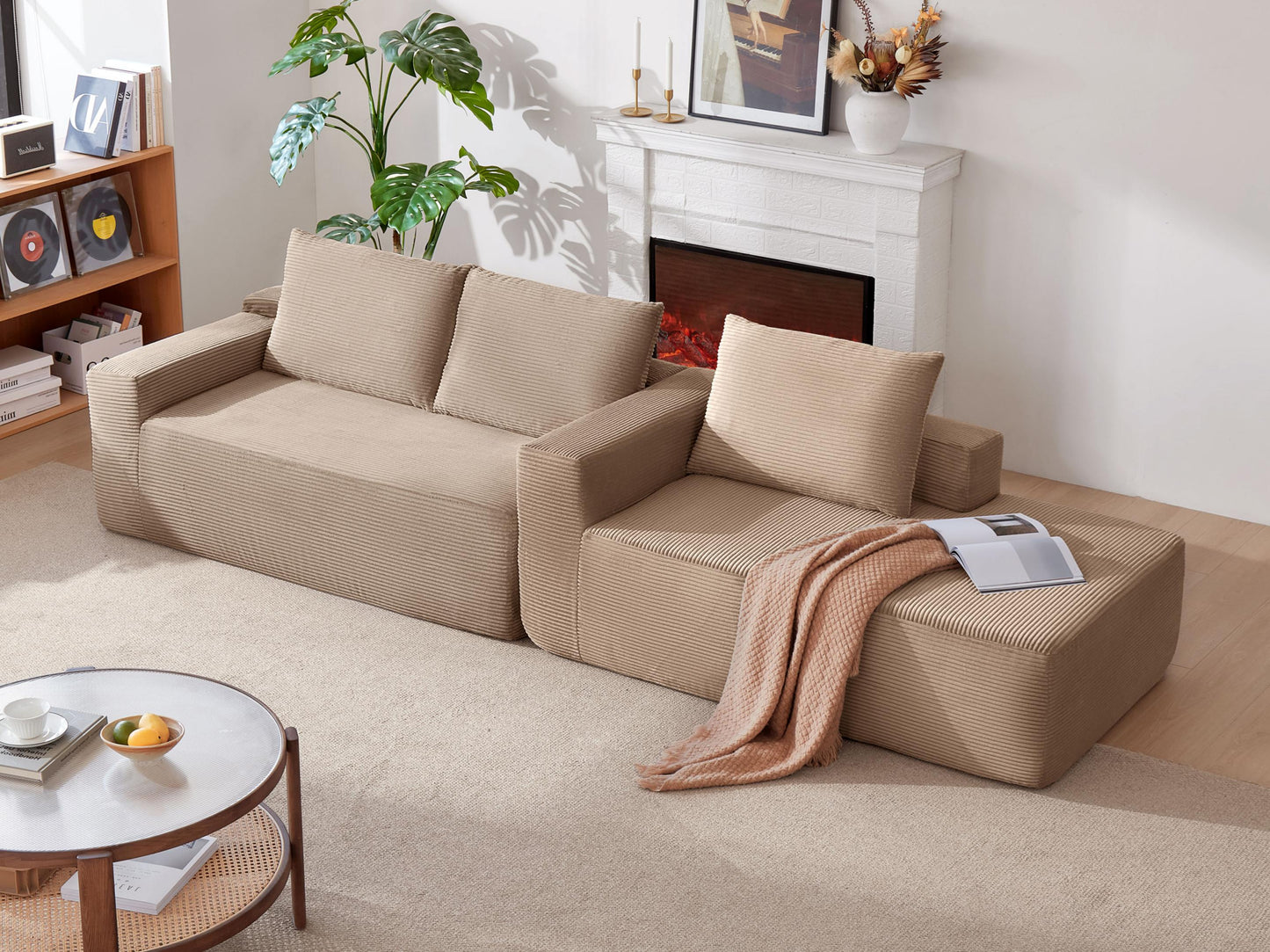New96.9" Cloud Sectional Couch with L-Shape Chaise,Modern Modular Sofa with Deep Seat, Upholstered Couches for Living Room Bedroom,No Assembly Required, (Corduroy Fabric),Camel,Right image 4