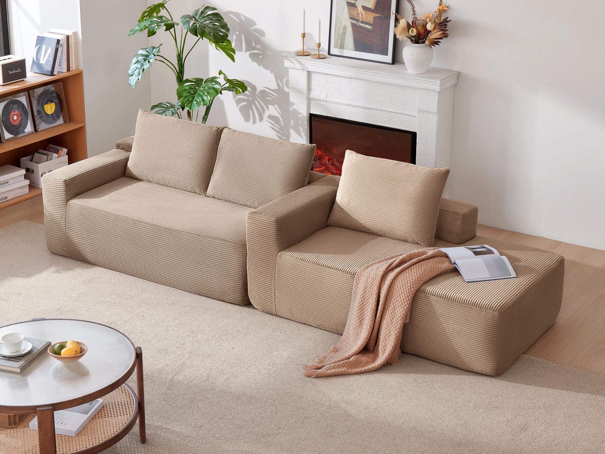 New96.9" Cloud Sectional Couch with L-Shape Chaise,Modern Modular Sofa with Deep Seat, Upholstered Couches for Living Room Bedroom,No Assembly Required, (Corduroy Fabric),Camel,Right image 4
