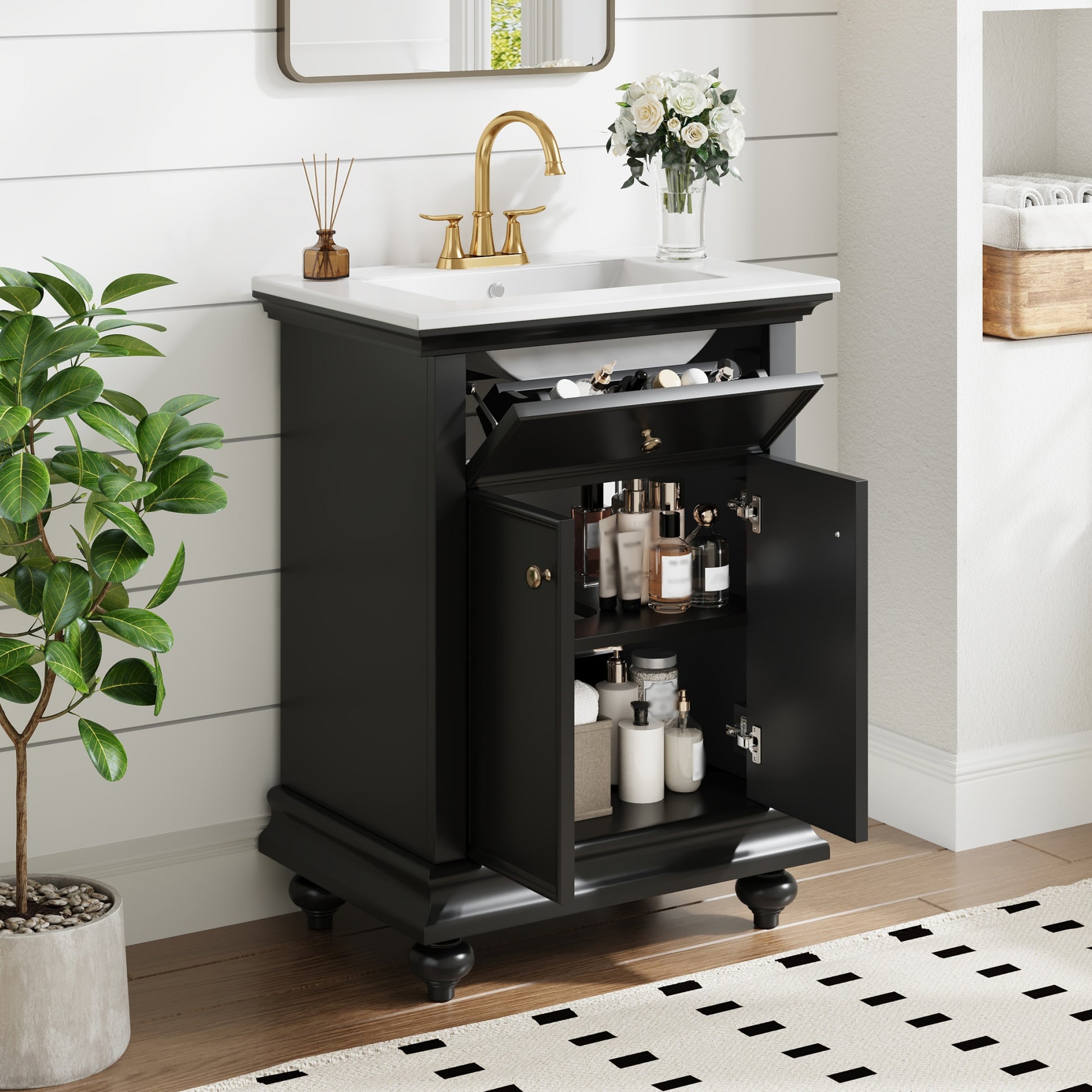 24" Modern Bathroom Vanity with A Tip-Out Drawer & Soft-Close Hinges, Bathroom Cabinet with Back Open Structure, Ball-Turned Legs with French Elegance image 2
