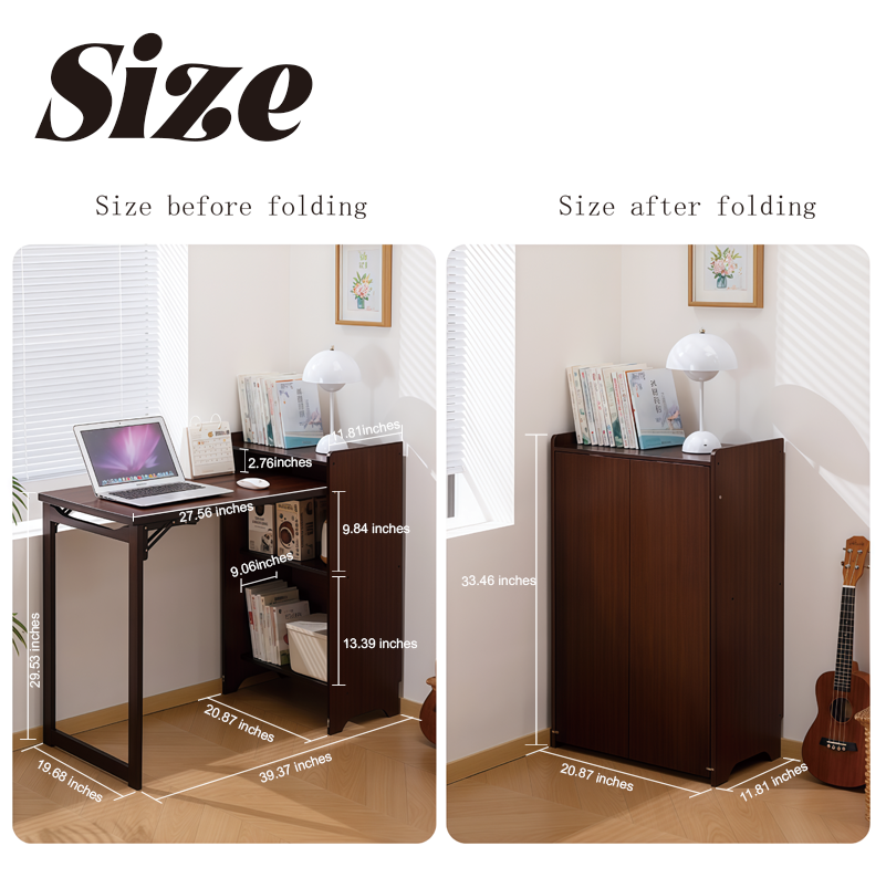 Bamboo Folding Desk, Foldable Desk for Small Space, Computer Desk with Hidden Storage, Mid Century Foldable Table for Home Office and Bedroom (Walnut Brown) image 4