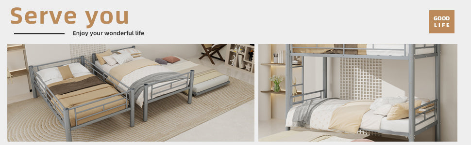 Silver Twin Metal Triple Bunk Bed Frame – Versatile Convertible 3-in-1 Design, Heavy-Duty Steel, Sleek Silver Finish, Ideal for Dorms/Guest Rooms image 2