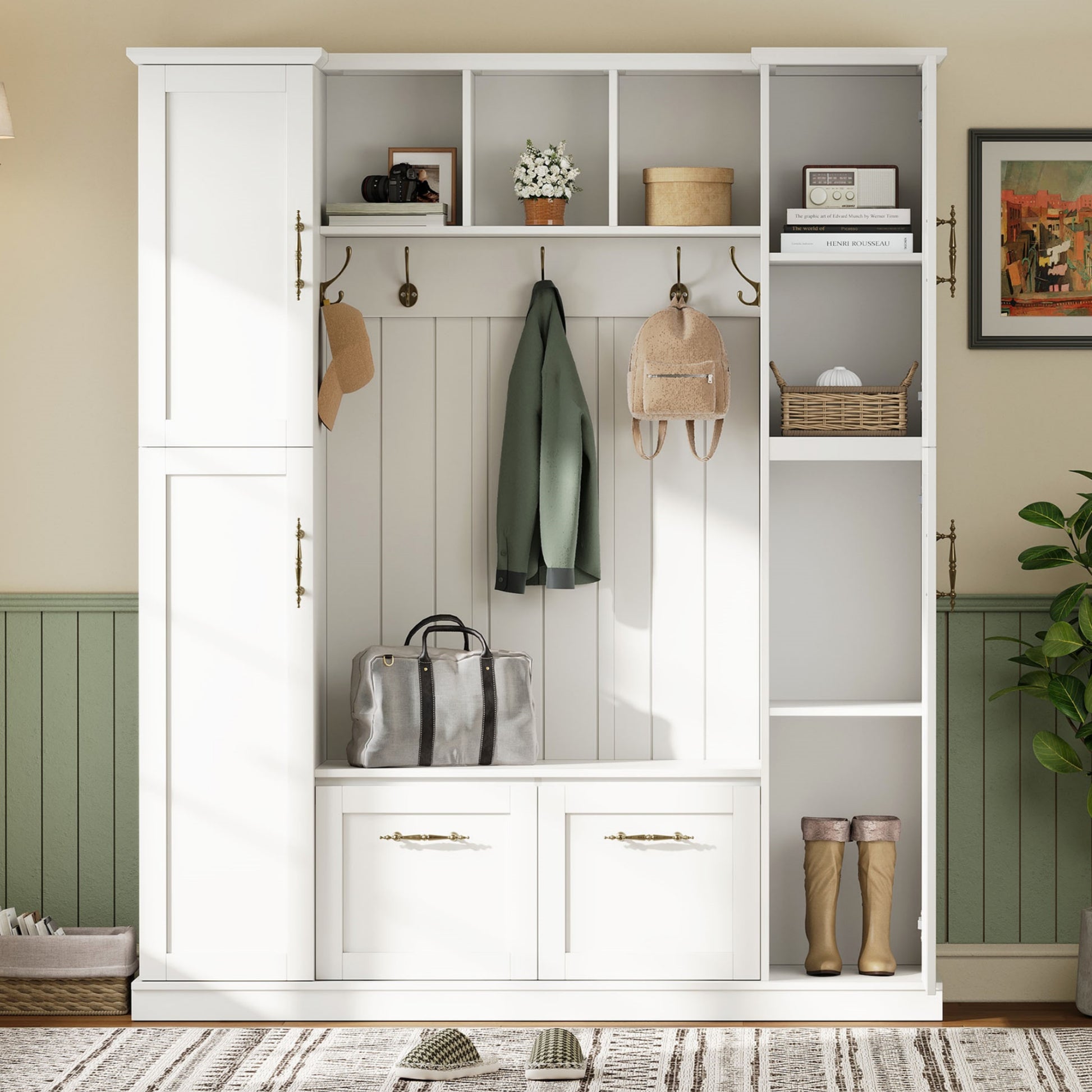 ON-TREND Farmhouse Elegant Hall Tree with 4 Side Cabinets, All-in-One Mudroom Furniture with Adjustable Shelves & Open Cubbies, Beadboard Entryway Bench with Coat Rack & 5 Hooks for Hallway, White image 2