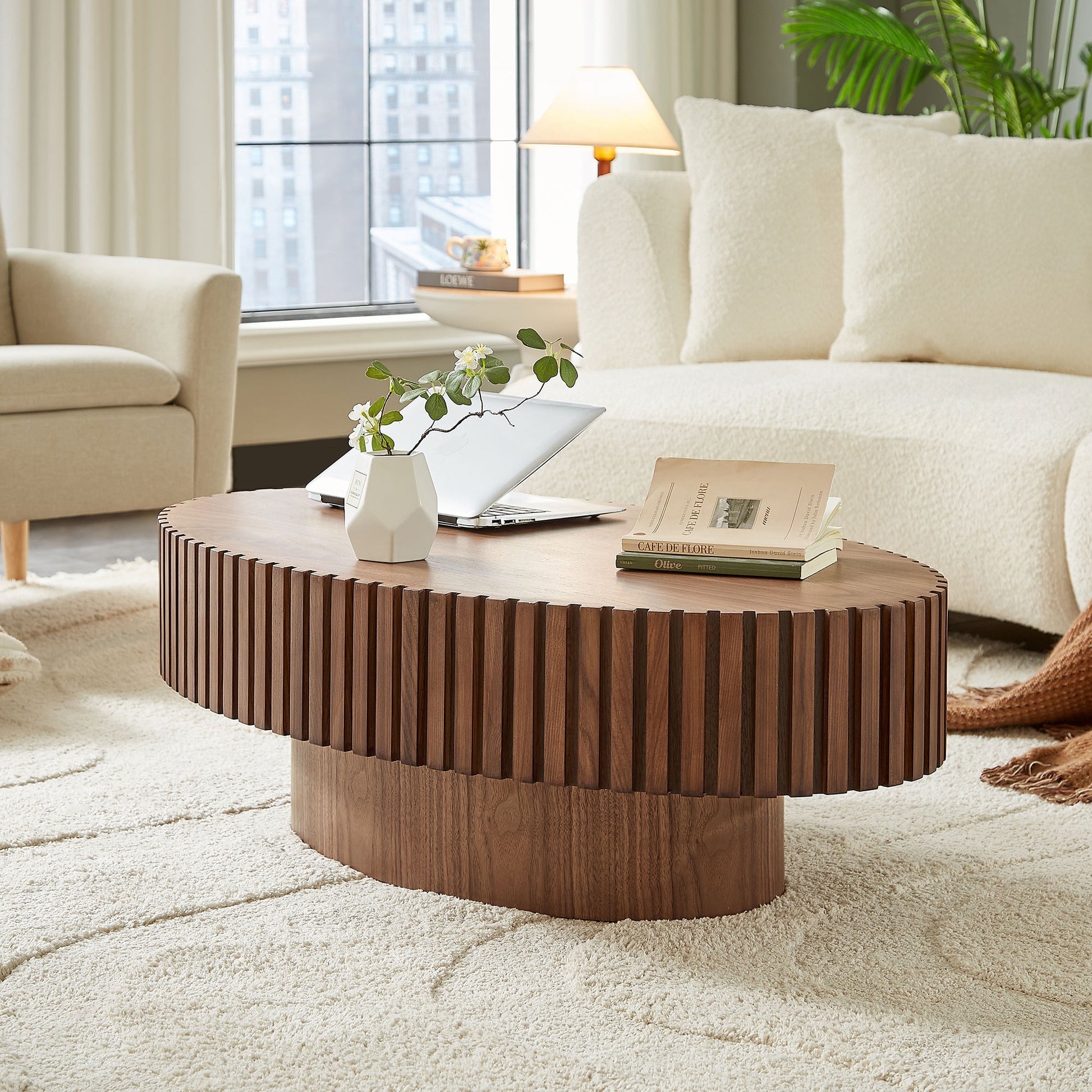 Modern Handcraft Drum Coffee Table Length 43.7 inch Ellipse Coffee Table for Living Room,Oval Small Coffee Table with Sturdy Pedestal,Walnut MDF,W2582P251185 image 10