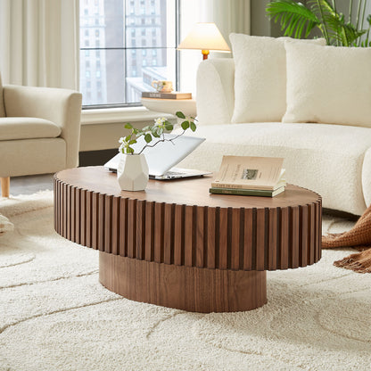 Modern Handcraft Drum Coffee Table Length 43.7 inch Ellipse Coffee Table for Living Room,Oval Small Coffee Table with Sturdy Pedestal,Walnut MDF,W2582P251185 image 10