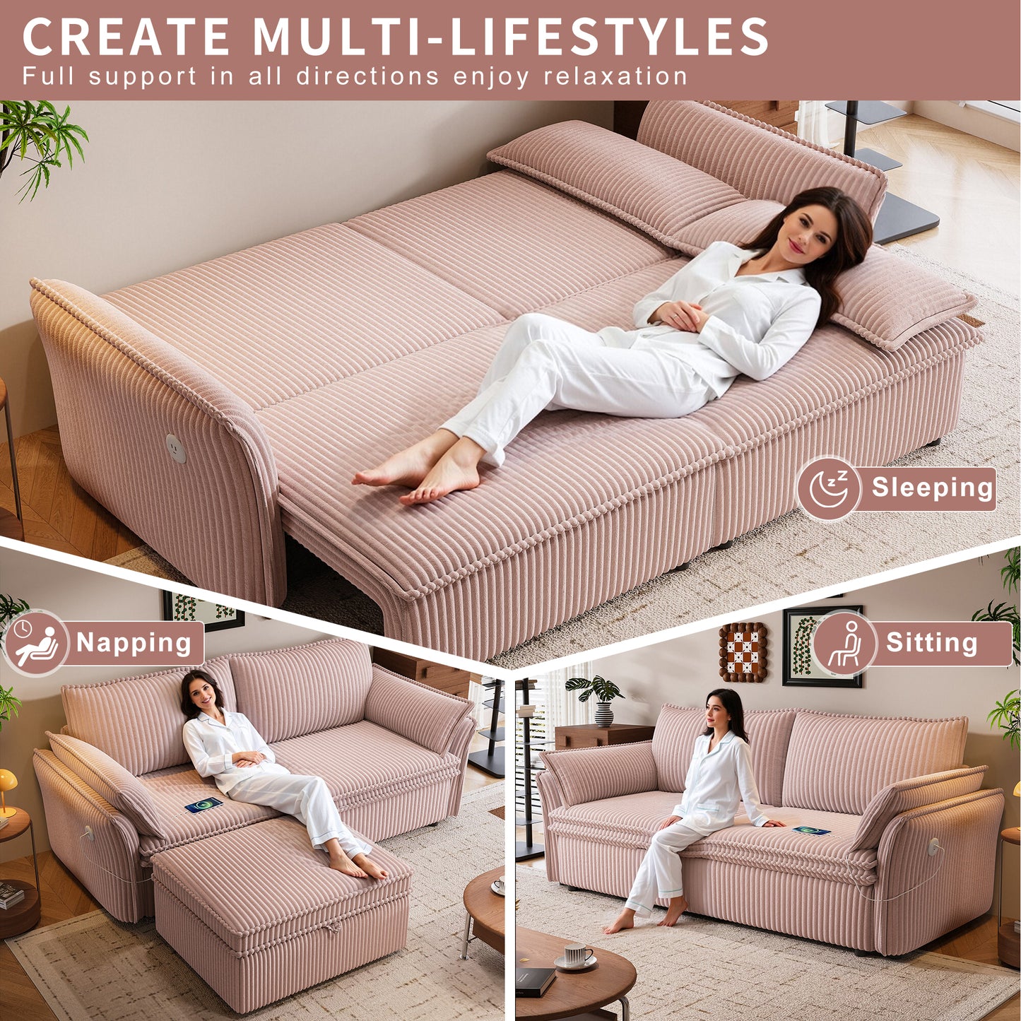 This is a multi-functional sofa with a 85-inch convertible sofa bed. It is in a two-in-one design, suitable for both sitting and lying. It is made of plush fabric and is suitable for both living rooms image 5