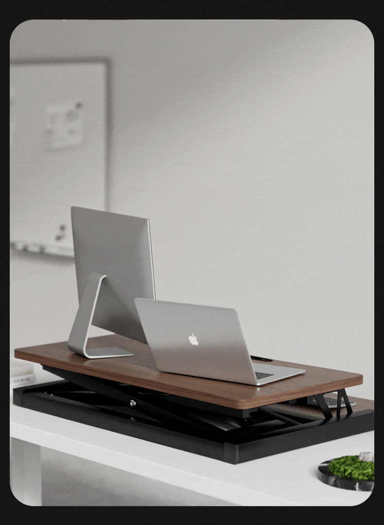 32 Inch Desk Converter, Height Adjustable Sit to Stand Riser, Dual Monitor and Laptop Workstation with Wide Keyboard Tray, Walnut Color image 4