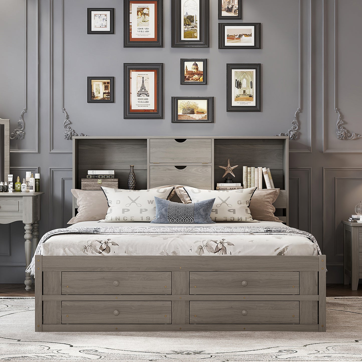 King Size Platform Bed with Storage Headboard and 8 Drawers, Gray image 2