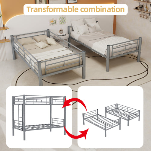 Convertible Twin Metal Bunk Bed Frame, Heavy-Duty Iron Build, Detachable into Two Twin Beds, Space-Saving Design with High Weight Support 400 lbs, Silver. image 10