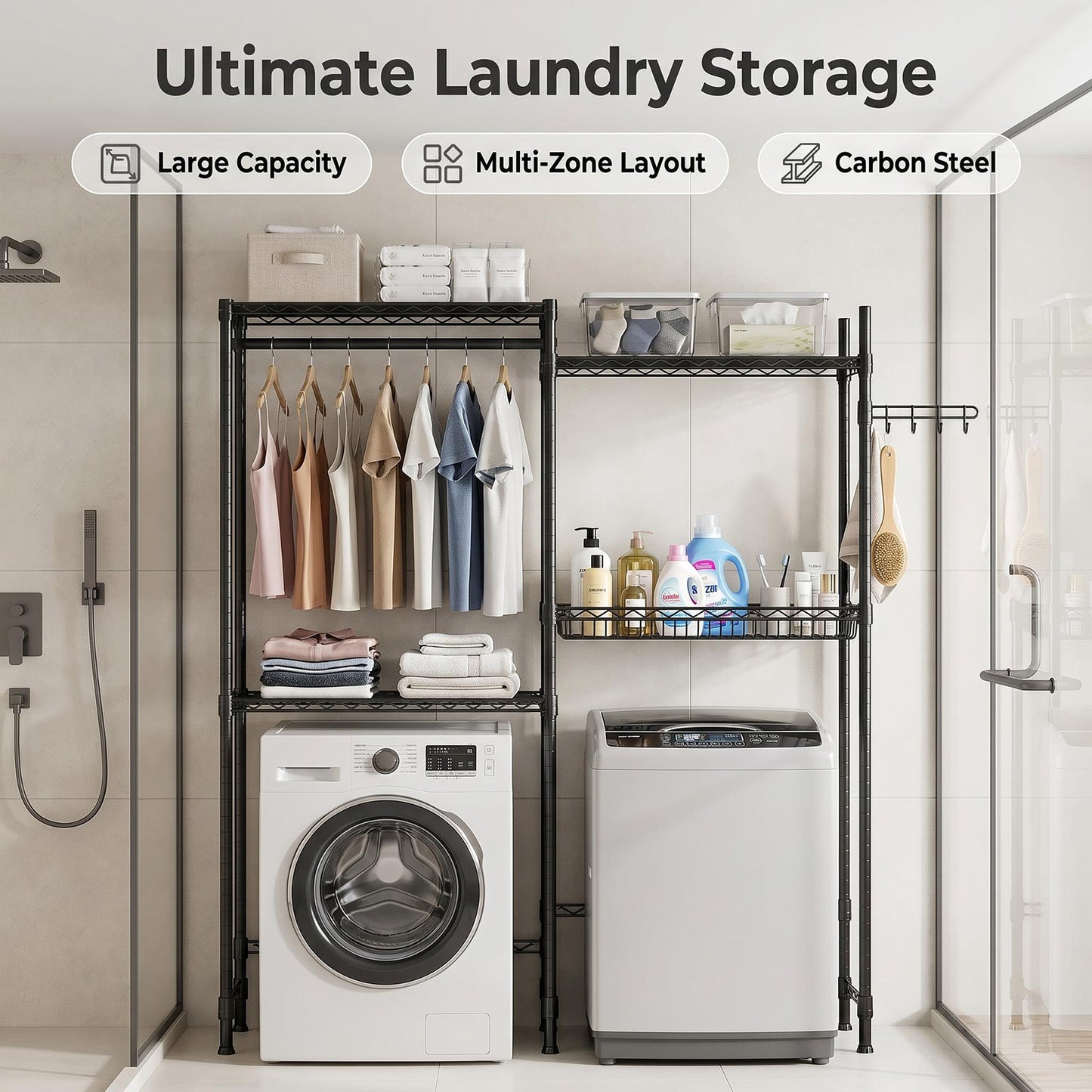 Over Washer and Dryer Shelves, 4 Tier Laundry Room Clothes Drying Rack Wire Basket & Rotating Side Hook, Heavy Duty Laundry Drying Rack, Space Saving and Adjustable Shelves, Black image 3