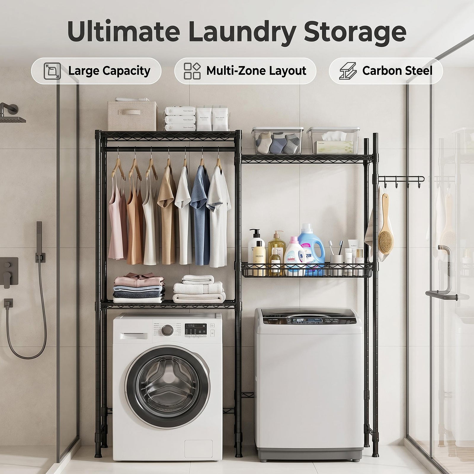 Over Washer and Dryer Shelves, 4 Tier Laundry Room Clothes Drying Rack Wire Basket & Rotating Side Hook, Heavy Duty Laundry Drying Rack, Space Saving and Adjustable Shelves, Black image 3