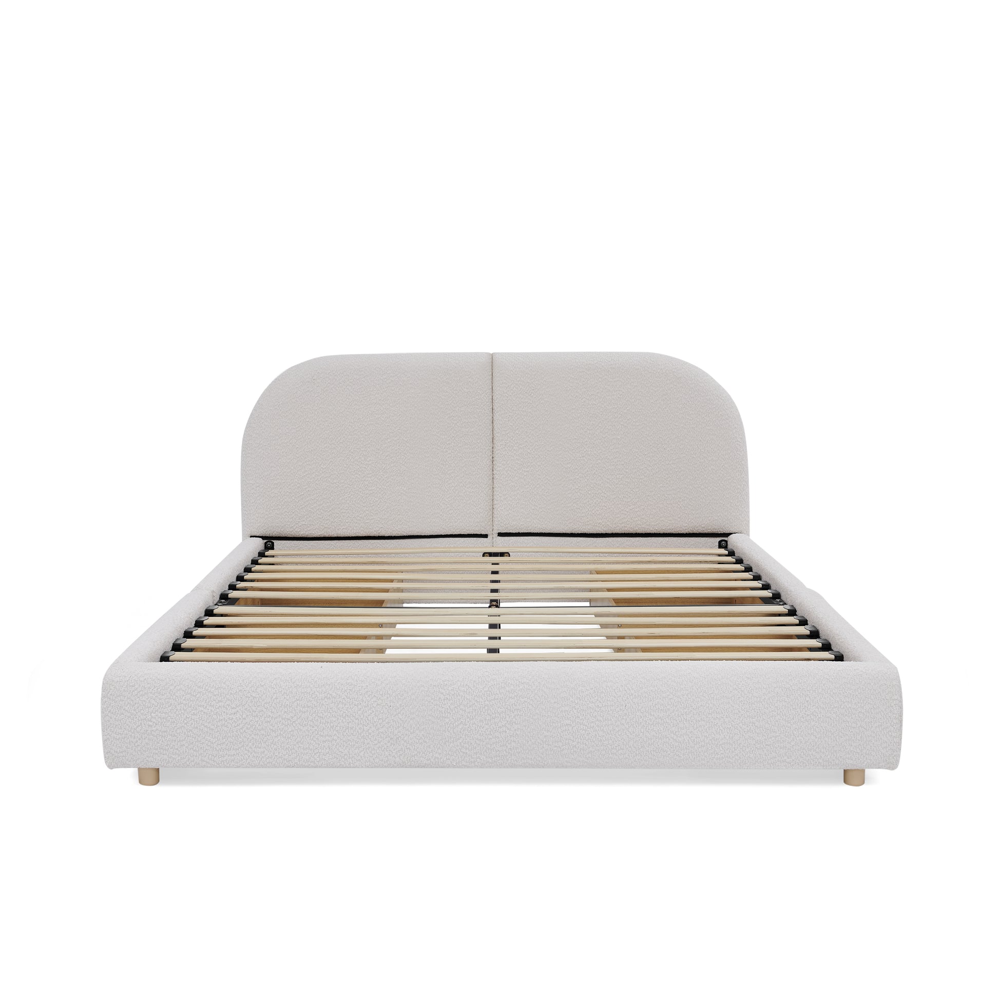 Queen Size Upholstered Bed Frame Modern Minimalist Style - Circle Yarn Fabric, Tall Curved Headboard, Sturdy Leg Support & Wheeled Drawer Storage, Mattress Not Included -Beige image 11