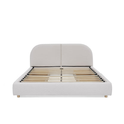 Queen Size Upholstered Bed Frame Modern Minimalist Style - Circle Yarn Fabric, Tall Curved Headboard, Sturdy Leg Support & Wheeled Drawer Storage, Mattress Not Included -Beige image 11