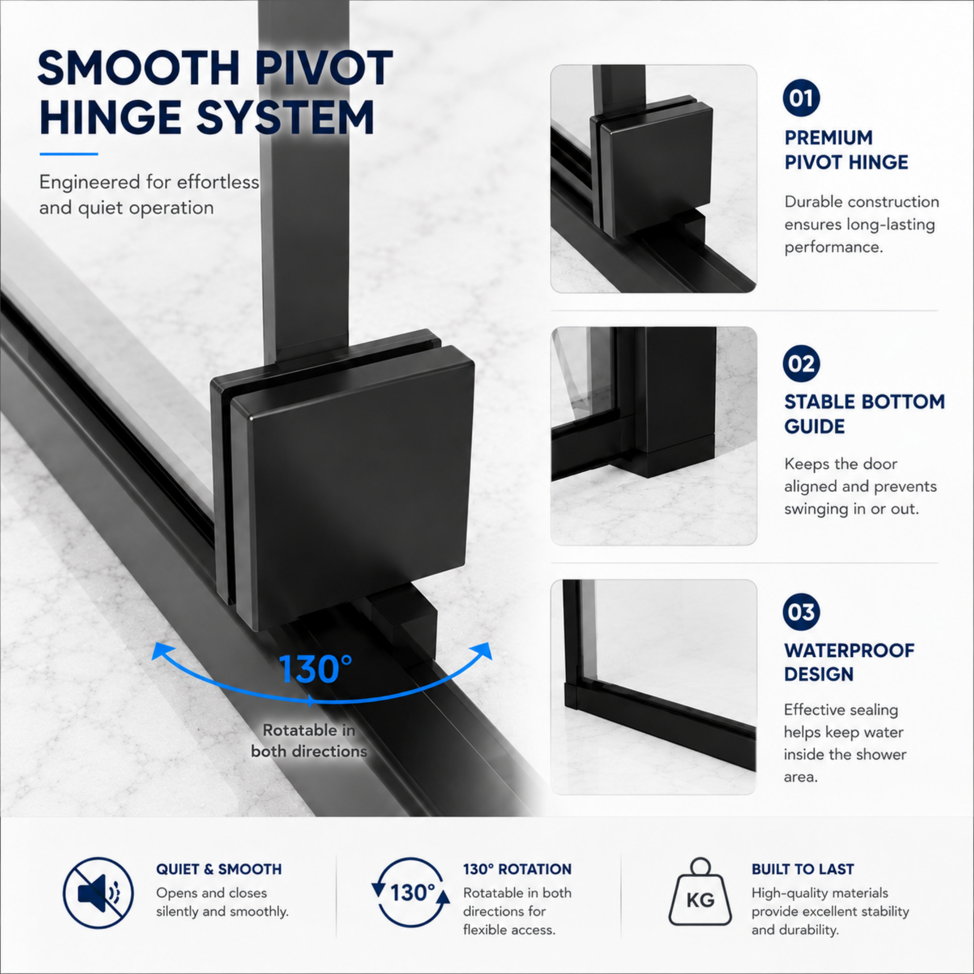 Semi-Frameless Pivot Hinged Glass Shower Door 44-48 in. W x 72 in. H,1/4" (6mm) Tempered Glass, Matte Black Finish, Reversible Glass Shower Door image 5