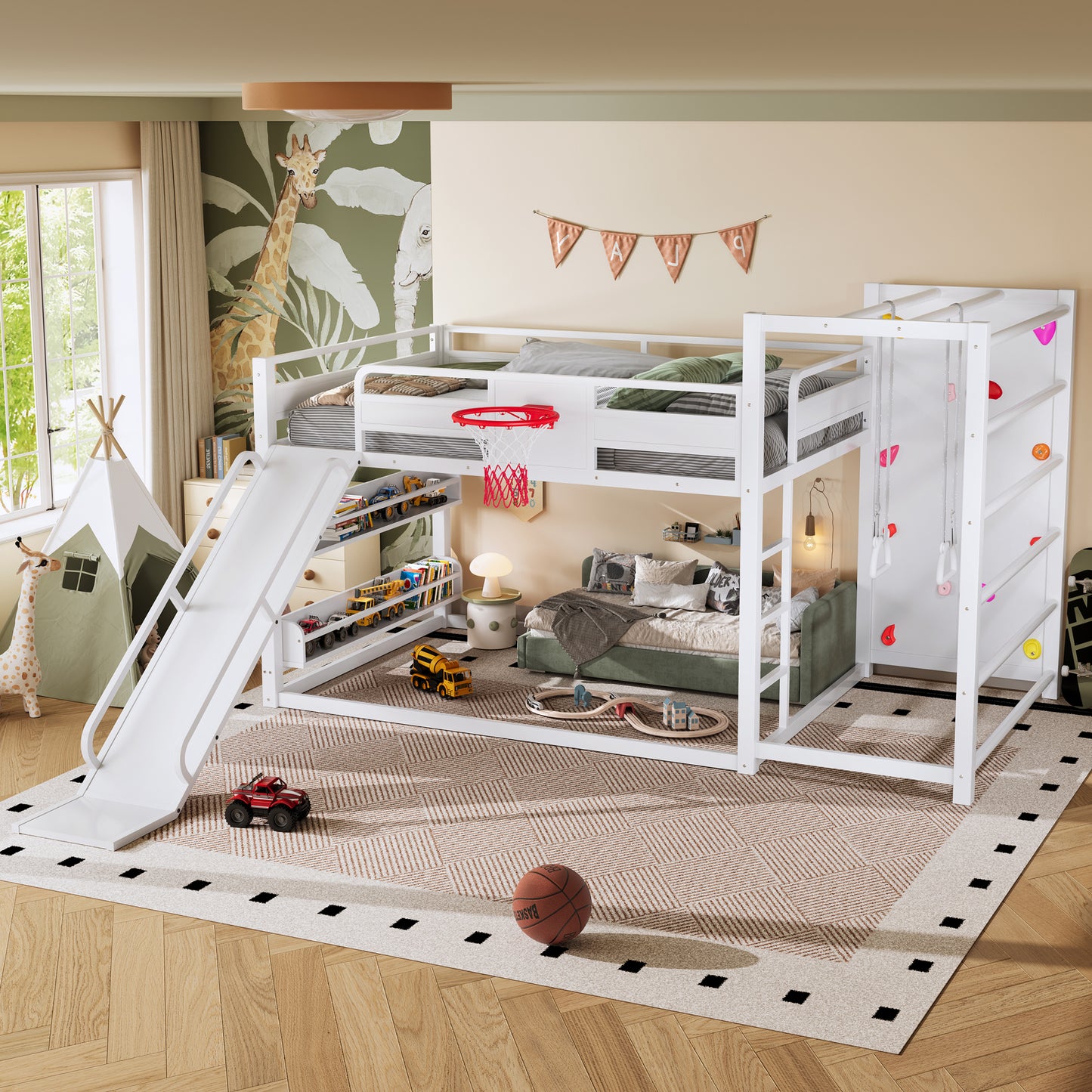 Full size metal loft bed with basketball hoop, pull-up rings, climbing wall, and built-in bookshelves. Playful children's design featuring a slide,White image 3