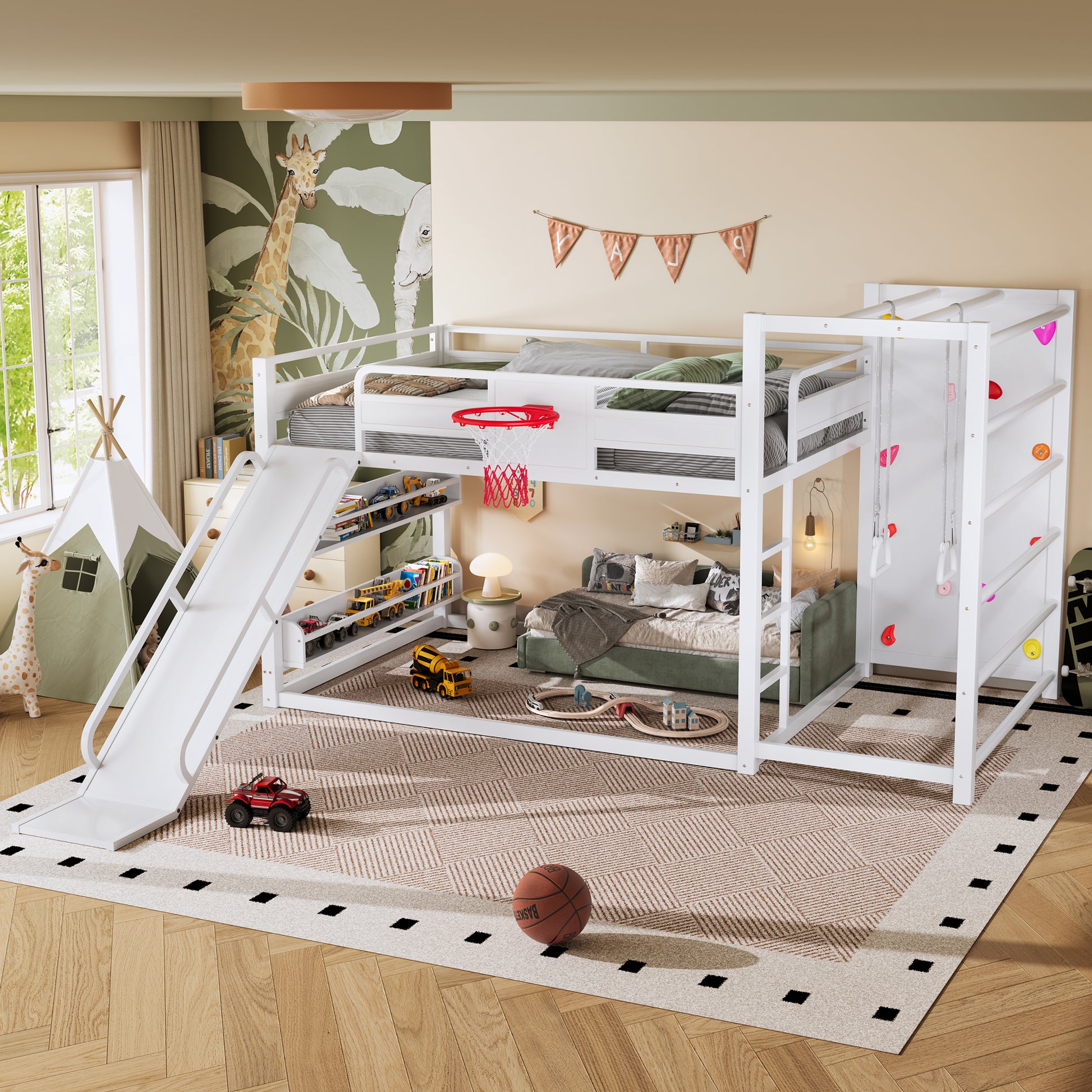 Full size metal loft bed with basketball hoop, pull-up rings, climbing wall, and built-in bookshelves. Playful children's design featuring a slide,White image 3