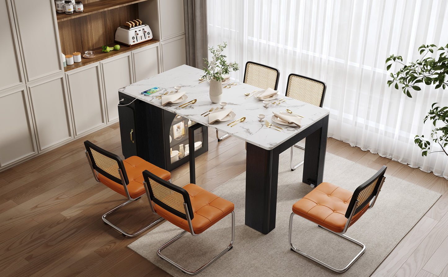 TREXM Extendable Dining Table with 3 Removable Middle Leaves, Mobile Rolling Island Table with Power Outlet, Saving-space Cabinet with Storage for Dining Room and Living Room (BLACK AND MARBLE WHITE) image 2