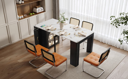 TREXM Extendable Dining Table with 3 Removable Middle Leaves, Mobile Rolling Island Table with Power Outlet, Saving-space Cabinet with Storage for Dining Room and Living Room (BLACK AND MARBLE WHITE) image 2