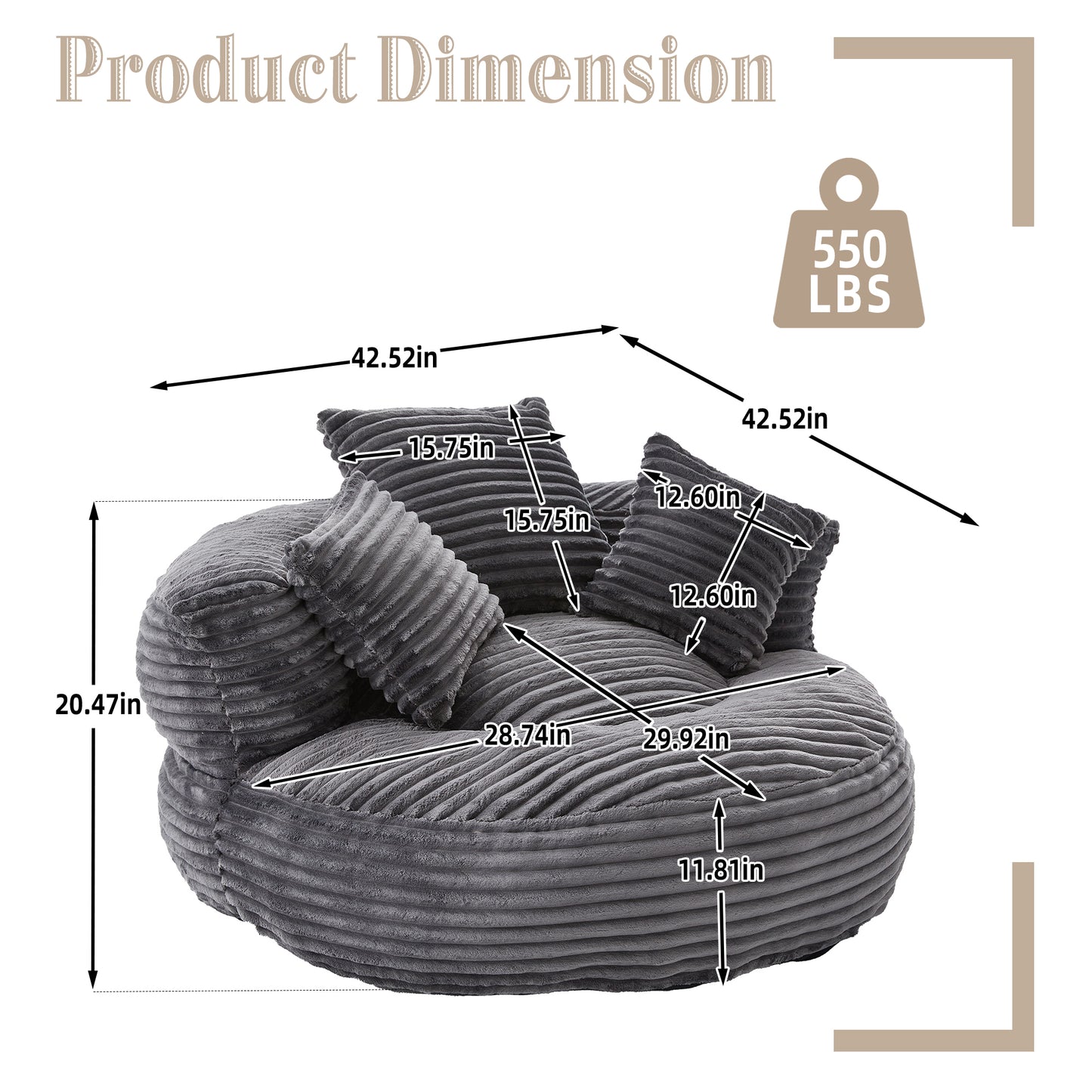 Bean Bag Chairs, Bean Bag Sofa for Adults, Kids,Oversized Corduroy Bean Bag Chair with 3 Pillows & Armrest,Beanbag Chair & Lazy Sofa with Foam Filler for Bedroom Living Room Dorm image 7