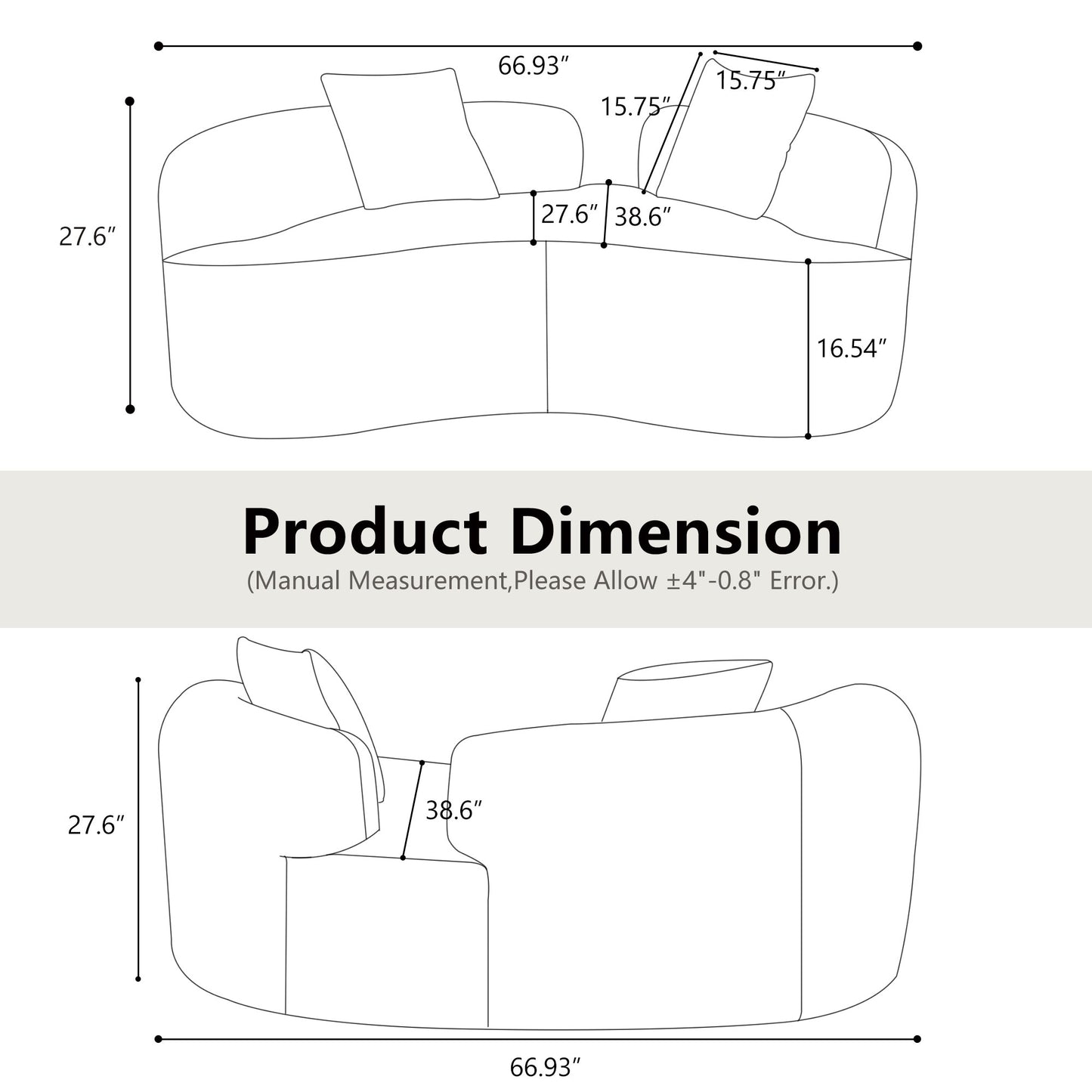 66.93 Inch Curved Loveseat White Full Compression Sponge Sofa, Teddy Velvet Fabric, No-Assembly Compact Sofa for Small Spaces & Apartments, 350 lbs Capacity image 6