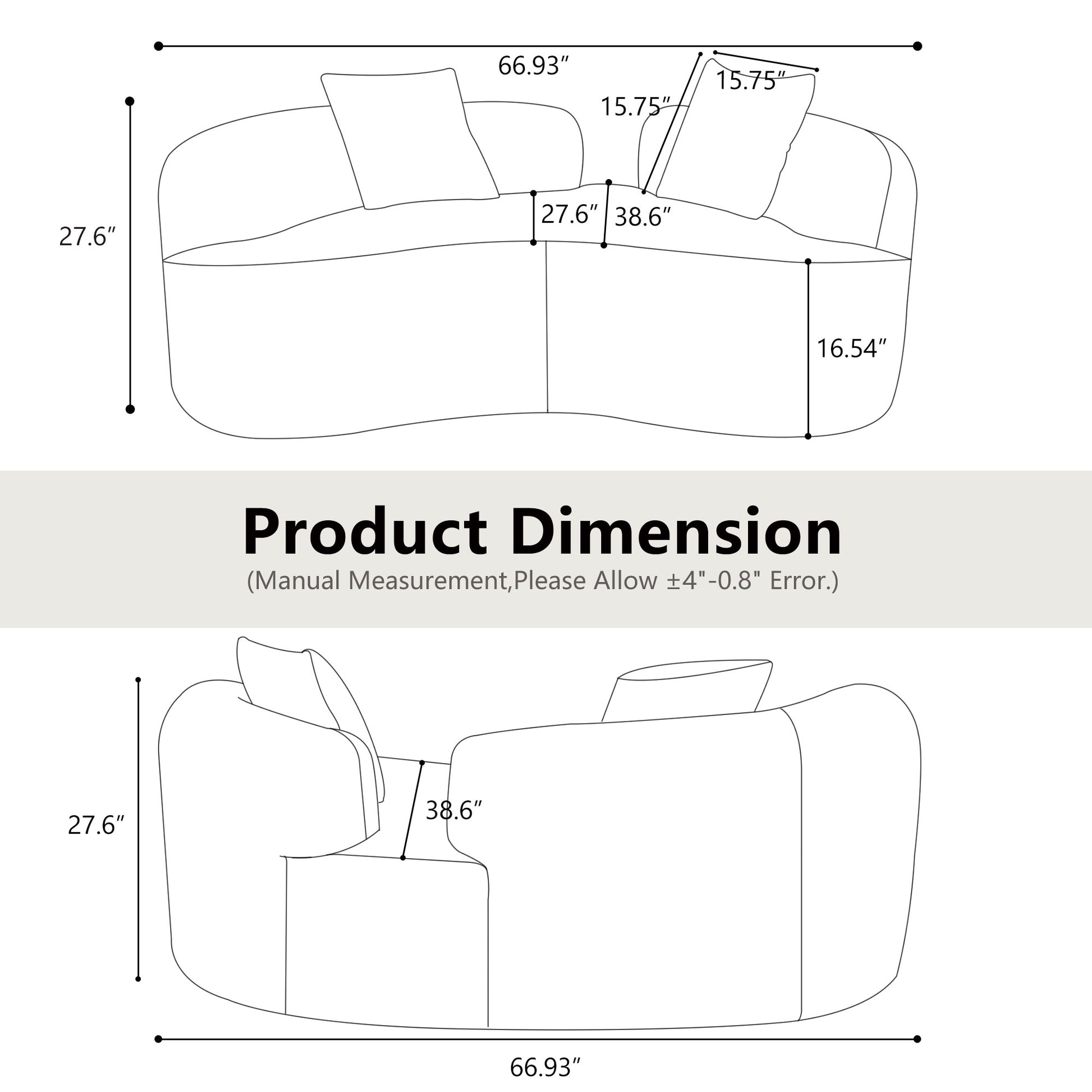 66.93 Inch Curved Loveseat White Full Compression Sponge Sofa, Teddy Velvet Fabric, No-Assembly Compact Sofa for Small Spaces & Apartments, 350 lbs Capacity image 6