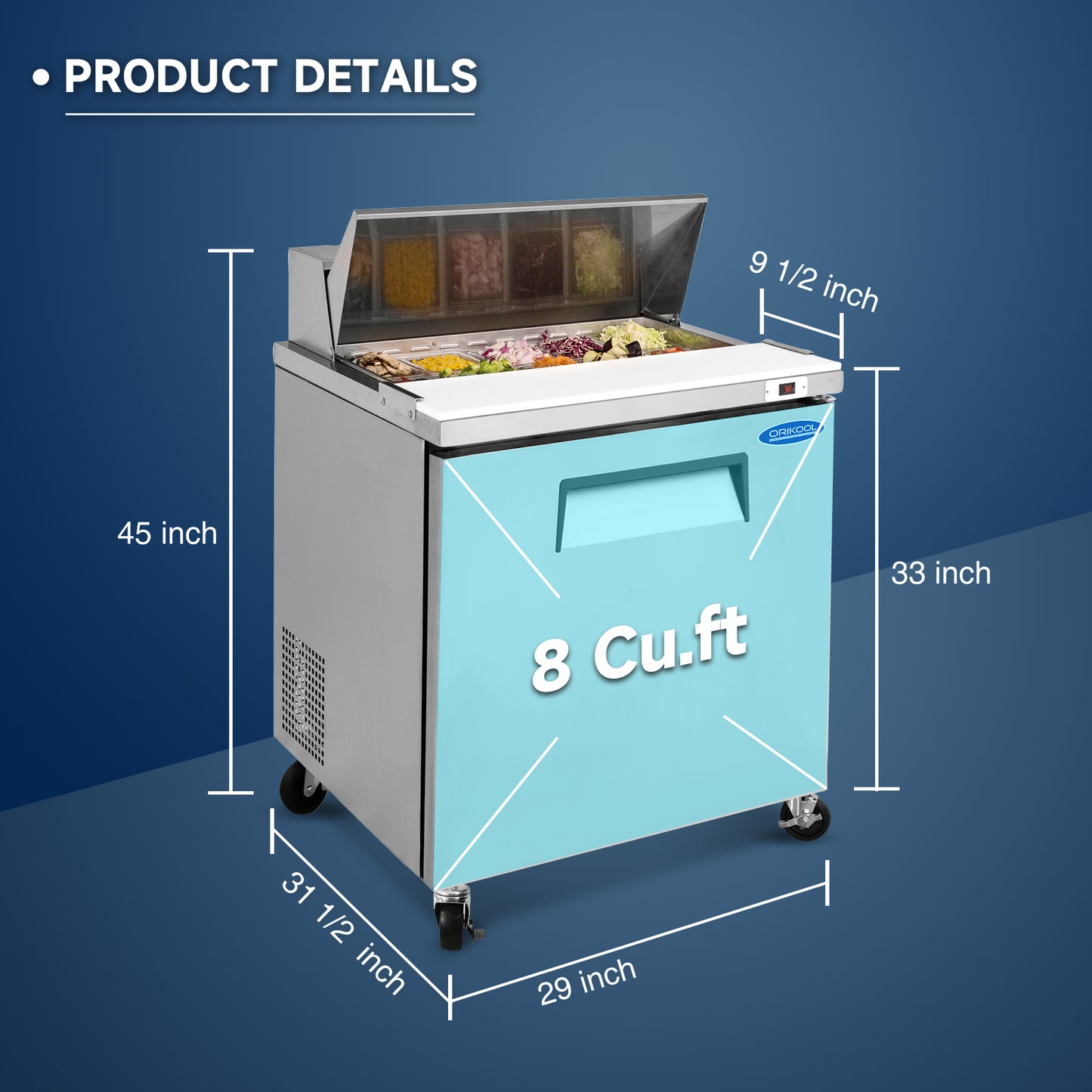 Orikool 29 IN Commercial Refrigerators Sandwich&Salad Prep Table with a Butcher Block Cutting Board, Protection Lid, Cold Storage, ETL Certified image 3