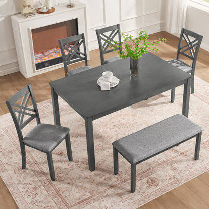 6 Piece Kitchen Dining Set, Rectangular Wooden Dining Table with 4 Upholstered Chairs and a Bench, Dining Table Set for 6 People, Living Room and Kitchen, Grey image 2