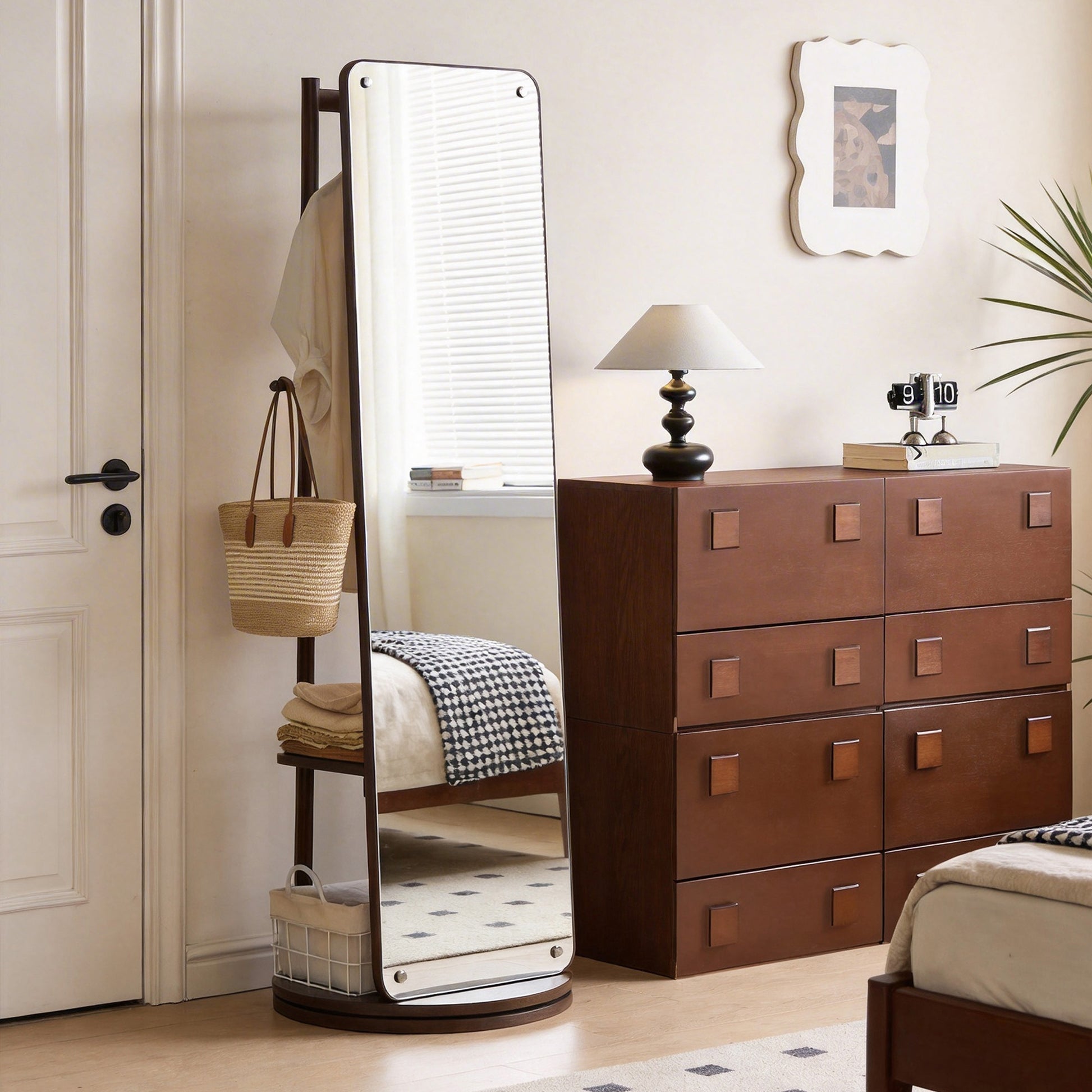 Rotating Full Length Mirror with Clothes Rack, Freestanding Solid Wood Storage Mirror for Bedroom Living Room image 3