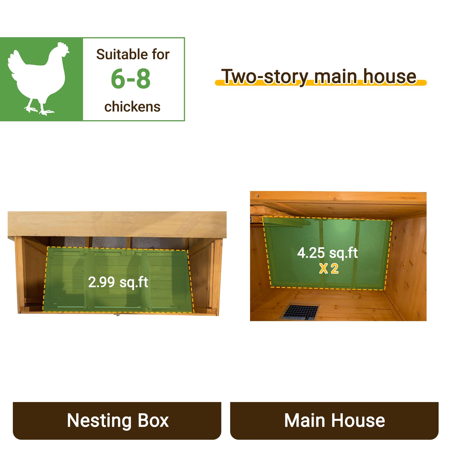 Chicken Coop, Double-House Wooden Chicken Coop For 6-8 Chickens With 3 Nesting Boxes And 2 Pull-Out Trays, Featuring A Foldable Ramp And Asphalt Roof image 6