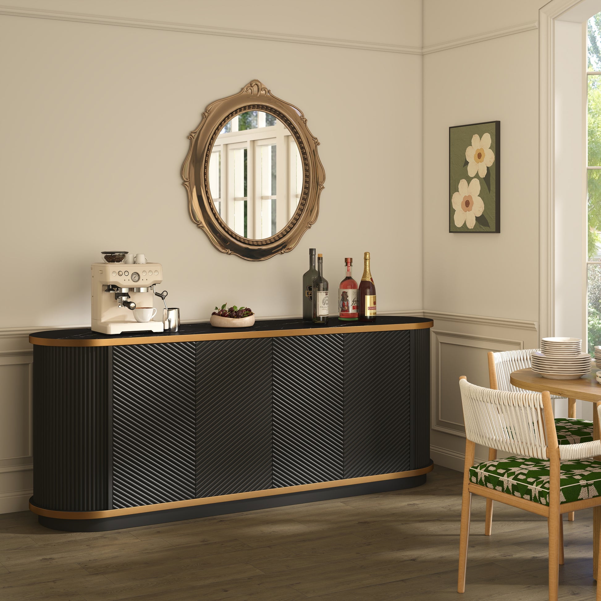 63" Diagonal Fluted Sideboard Cabinet with Storage, 4-Door Buffet Credenza TV Stand with Gold Trim, Black Faux Marble-Top Console Table, Modern Storage Cabinet for Dining Room, Living Room, Black image 2