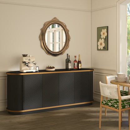 63" Diagonal Fluted Sideboard Cabinet with Storage, 4-Door Buffet Credenza TV Stand with Gold Trim, Black Faux Marble-Top Console Table, Modern Storage Cabinet for Dining Room, Living Room, Black image 2