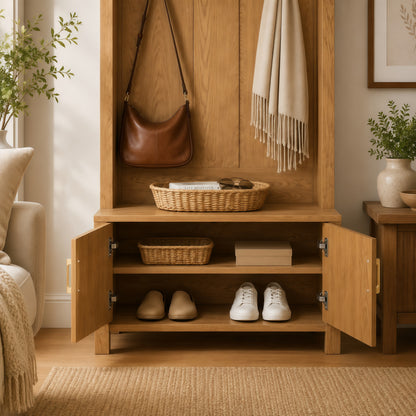 Arched Top Hall Tree with Bench and Shoe Storage,mudroom bench with storage,70.3"Arch Coat Rack with 4 Metal Hooks and 2 Fluted Doors,Farmhouse Style Furniture Organizer for Mudroom, Entryway, Hallway image 9