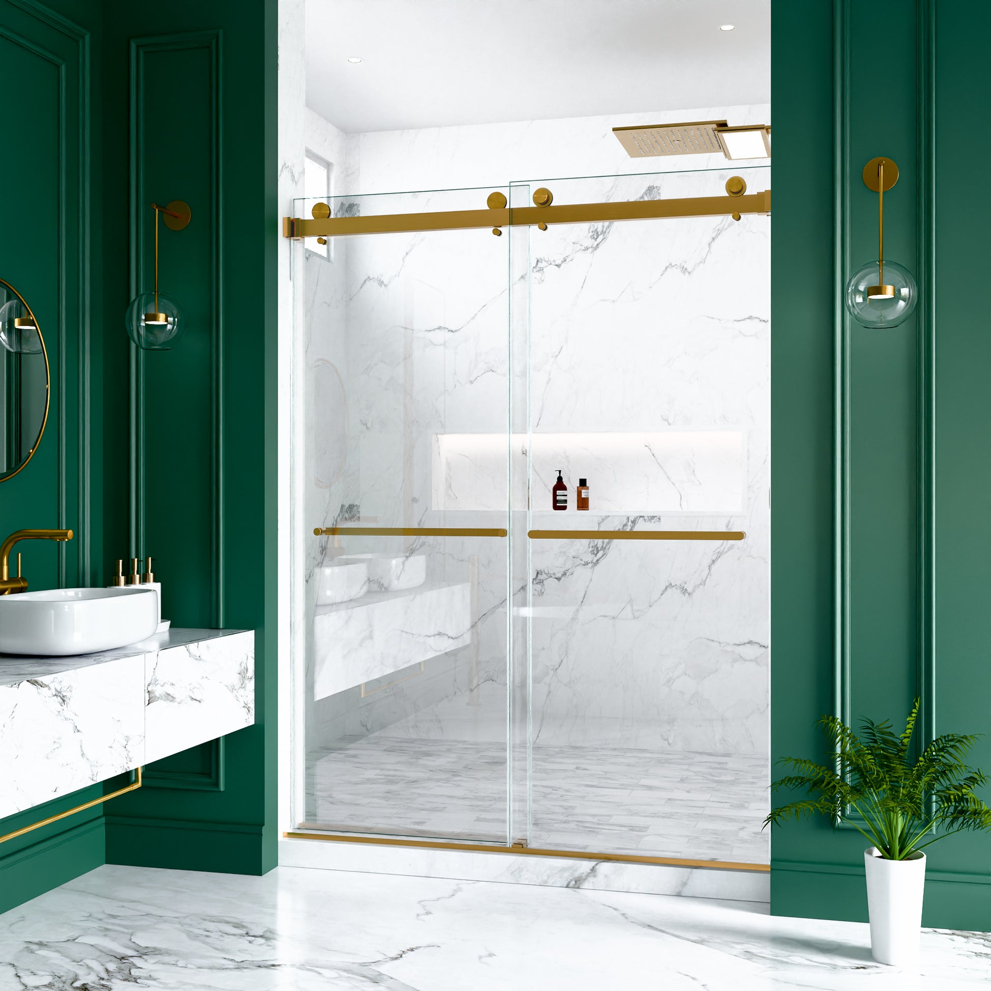 56"-60"W x 80"H Frameless Double Sliding Shower Door, 3/8 inches (10mm) Thick SGCC Tempered Glass Door, Brushed Gold image 5