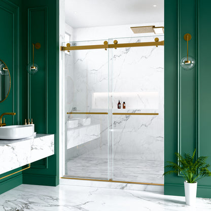 56"-60"W x 80"H Frameless Double Sliding Shower Door, 3/8 inches (10mm) Thick SGCC Tempered Glass Door, Brushed Gold image 5
