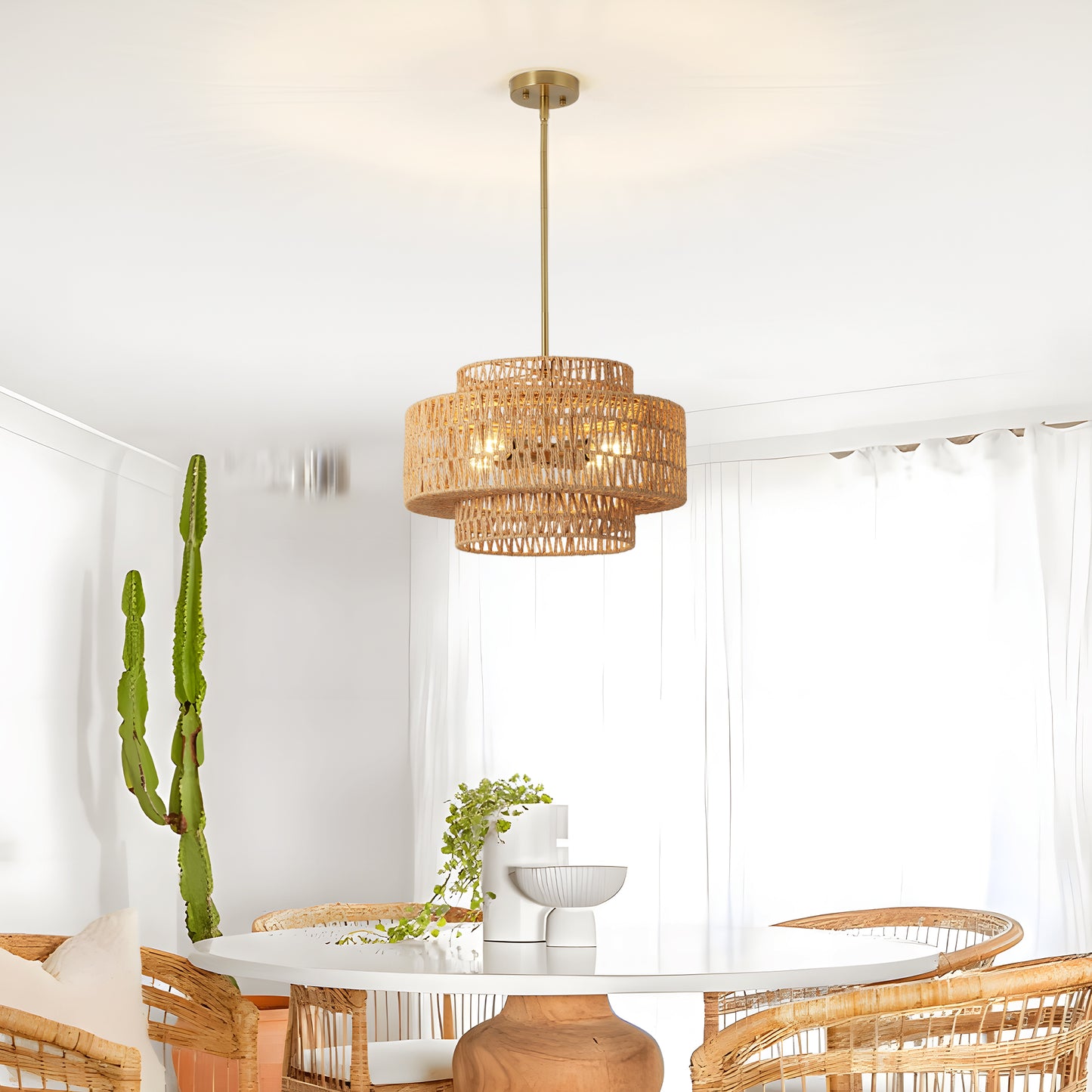 17.7" Boho Rattan Chandelier for Dining Room Light Fixture, 5-Light Hand Woven Wicker Pendant Light Fixture, Farmhouse Rustic Hanging Chandelier for Dining Room, Kitchen Island, Living, Bedroom image 3