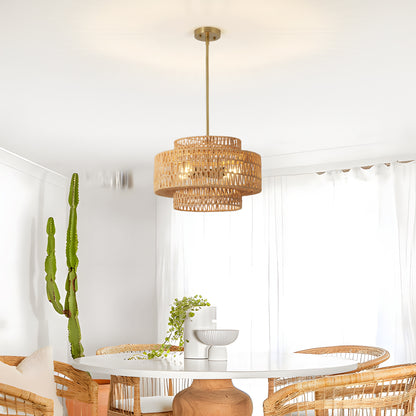 17.7" Boho Rattan Chandelier for Dining Room Light Fixture, 5-Light Hand Woven Wicker Pendant Light Fixture, Farmhouse Rustic Hanging Chandelier for Dining Room, Kitchen Island, Living, Bedroom image 3