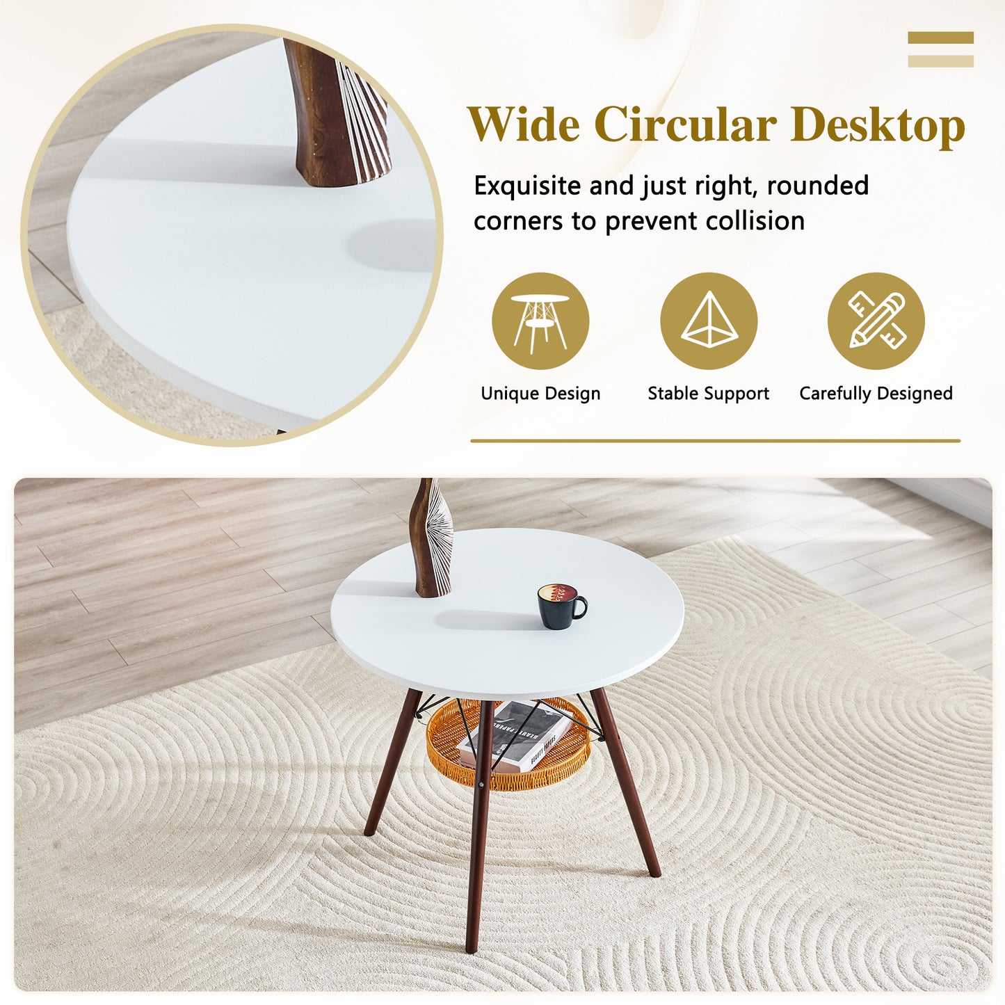 31.5-inch diameter circular dining table, white MDF vacuum formed tabletop, walnut solid wood legs, with suspended woven storage basket structure. A casual coffee table suitable for 2-4 people. image 7