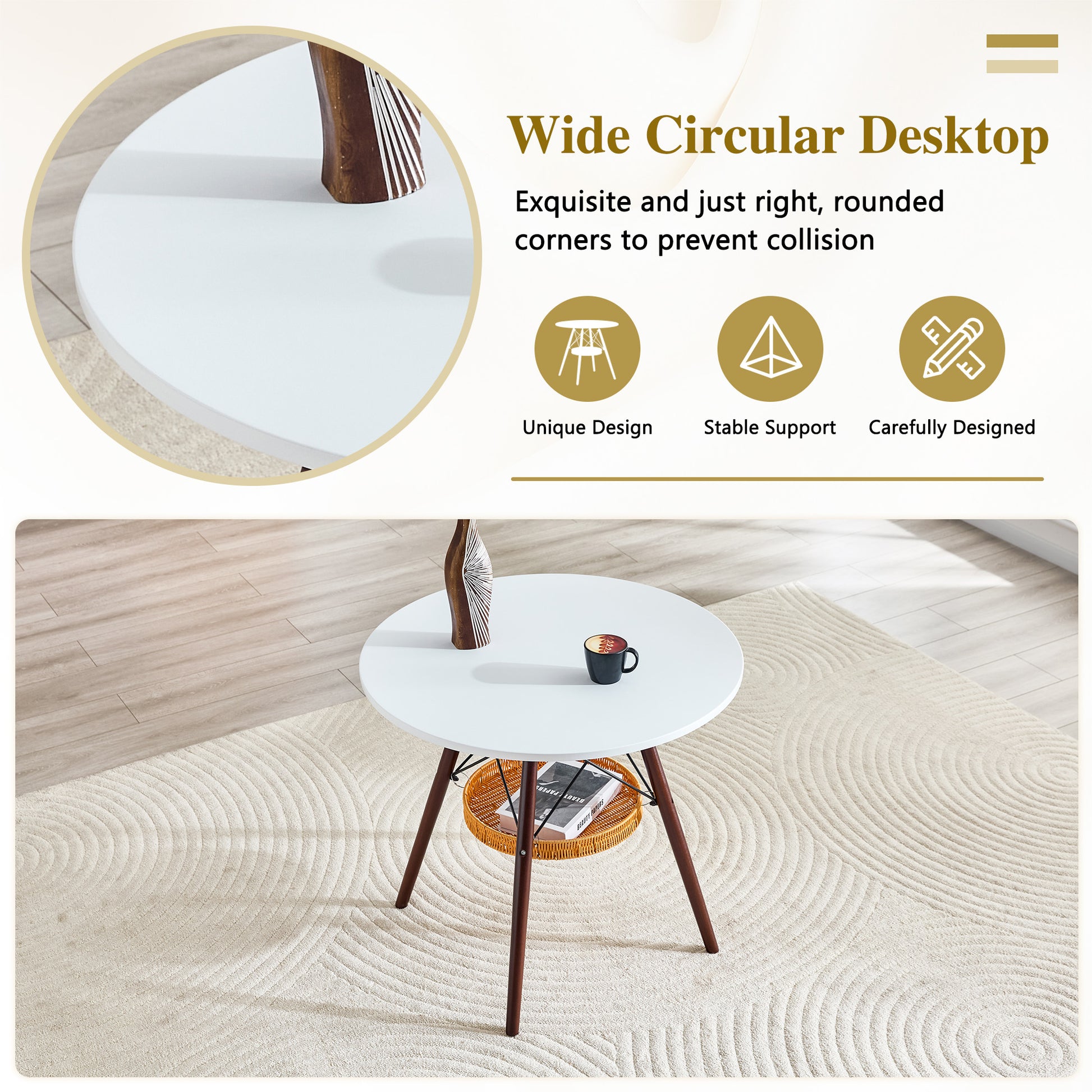 31.5-inch diameter circular dining table, white MDF vacuum formed tabletop, walnut solid wood legs, with suspended woven storage basket structure. A casual coffee table suitable for 2-4 people. image 7