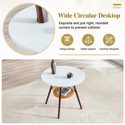 31.5-inch diameter circular dining table, white MDF vacuum formed tabletop, walnut solid wood legs, with suspended woven storage basket structure. A casual coffee table suitable for 2-4 people. image 7